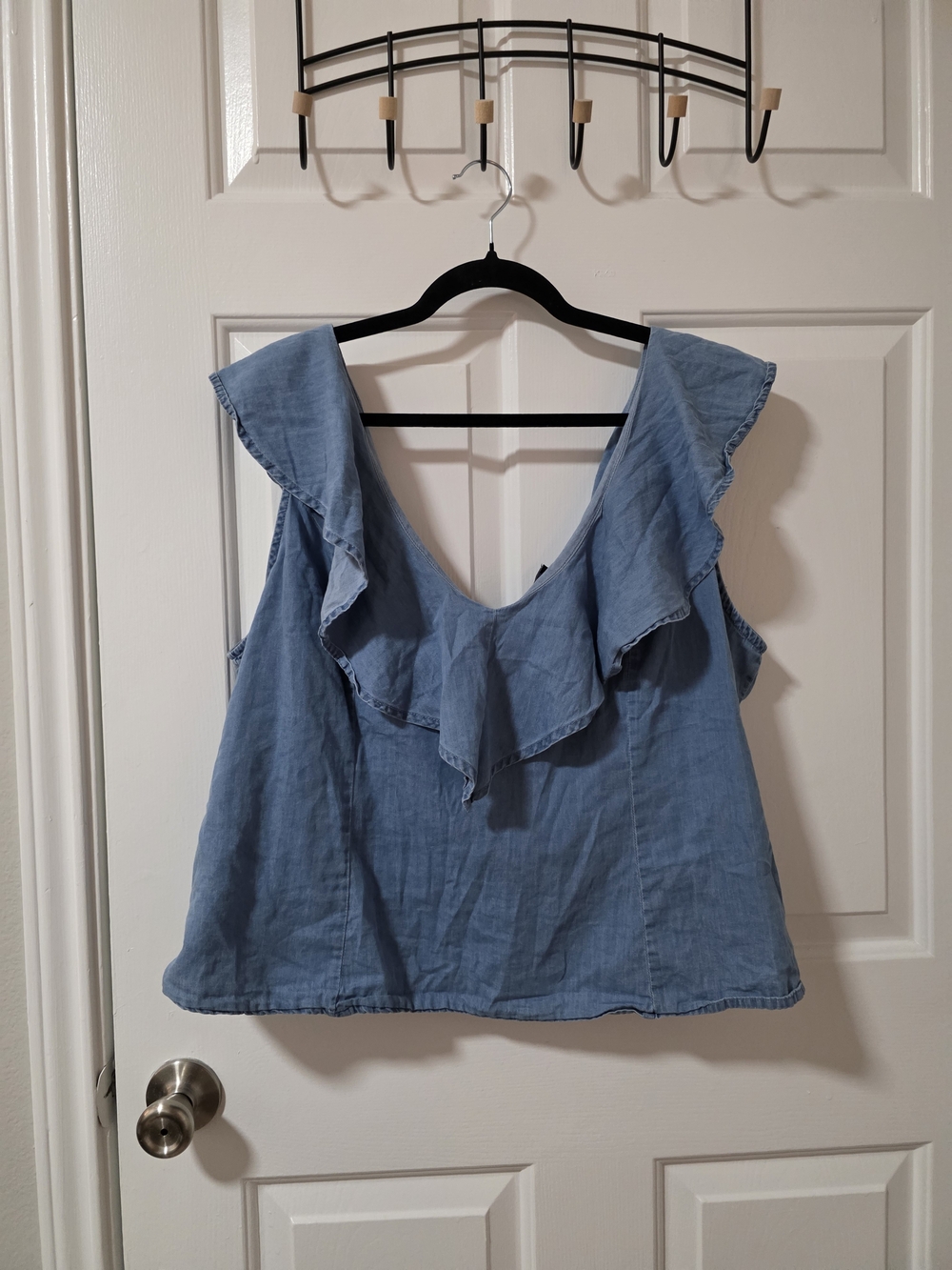 Eloquii Light Blue Ruffle V-Neck Chambray Tank